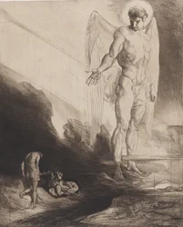 Lucifer abandonne Caïn à son destin, extrait de Huit eaux-fortes sur Caïn de Byron, 1919-1920