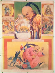 Affiche comique russe satirisant les Européens en Chine, imprimée à Moscou, Russie, 1900