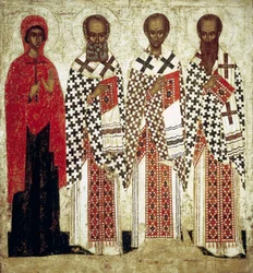 Paraskeva Pyatnitsa, Grégoire le Théologien, Jean Chrysostome et Basile le Grand (début du 15ème siècle)