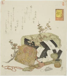 Algues, écritoire portable et branche de prunier, no. 5 de la série "Les exploits du lapin (Usagi tegarabanashi)"