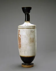 Lekythos à fond blanc avec jeune femme à une tombe, 450-440 avant J.-C.