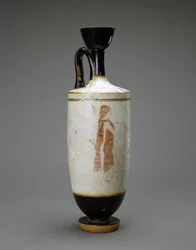 Lécythe à fond blanc avec jeune femme à une tombe, 450-440 av. J.-C.