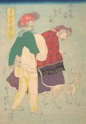 Jeune fille française promenant un chien accompagnée d