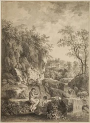 Paysage rocheux avec un ruisseau. Au premier plan, un jeune homme avec une flûte de roseau et une jeune femme.