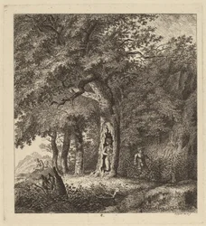 Paysage boisé avec une nymphe et un satyre