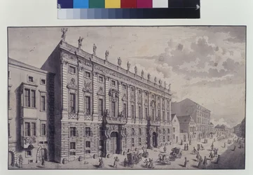 Pleine page : vue oblique du palais du prince Eugène de Savoie dans la Himmelpfortgasse (plume, pinceau et encre)