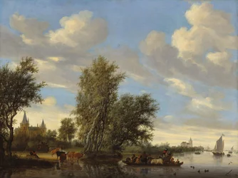 Paysage fluvial avec ferry