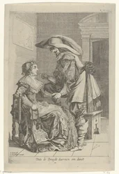 Homme offrant une pièce à une femme