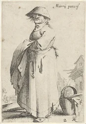Femme avec un tissu sur le bras, un panier au sol derrière elle (Marrij panvis, La vie des paysans)