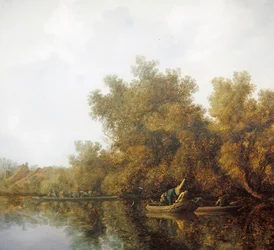 Paysage Fluvial avec des Pêcheurs en Barques Ramant pour Remonter une Prise
