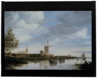 Paysage fluvial avec moulin à vent