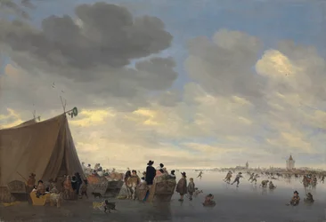 Patineurs sur la rivière gelée Lek, la ville de Vianen au-delà, 1653