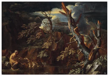Paysage rocheux et boisé avec Jacob abreuvant le troupeau de Laban, vers 1615-73 (huile sur toile)