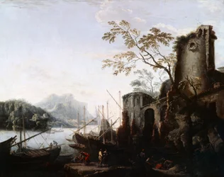 Paysage marin avec tours, navires et ruines