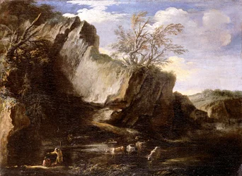 Paysage rocheux avec des bergers et du bétail