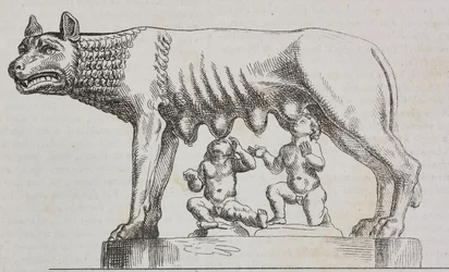 Loupe capitoline, statue en bronze, Rome, Latium, Italie, lithographie de Salvatore Puglia tirée de Poliorama Pittoresco, no 25, 25 janvier