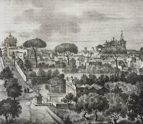 Vue est de Mesagne, Apulie, Italie (lithographie de Salvatore Puglia de Poliorama Pittoresco, n 45, 15 juin)