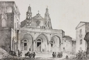 Façade de la cathédrale de Sessa Aurunca, Campanie, Italie, lithographie de Salvatore Puglia d