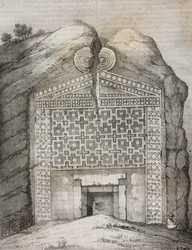 Tombe de Midas, Midas Sehri, Turquie, lithographie de Salvatore Puglia de Poliorama Pittoresco, n 41, 18 mai