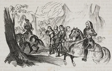 Retour des combattants à Barletta pour le défi, Apulie, Italie, lithographie de Salvatore Puglia de Poliorama Pittoresco, n 30, 1er mars