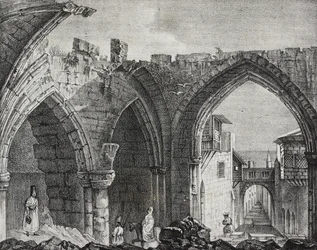 Ruines le long de la rue des Chevaliers, ville de Rhodes, Grèce, lithographie de Salvatore Puglia de Poliorama Pittoresco, n°3, 27 août