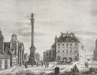 Colonne de Sigismond, pour commémorer le roi Sigismond III Vasa (1566-1632), Varsovie, Pologne, lithographie de Salvatore Puglia de Poliorama Pittoresco, n 46, 21 juin