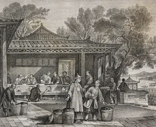 Atelier de thé, lithographie de Salvatore Puglia de Poliorama Pittoresco, n 23, 13 janvier