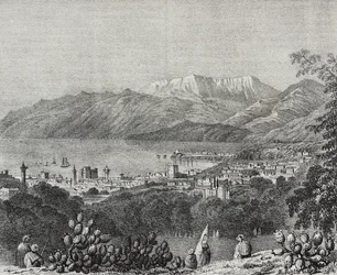 Vue de Beyrouth et de la chaîne du Mont Liban, Liban, lithographie de Salvatore Puglia de Poliorama Pittoresco, n 8, 1er octobre