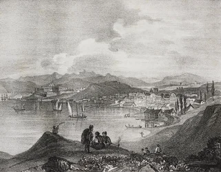 Vue de Corfou depuis le mont Oliveto, îles Ioniennes, Grèce, lithographie de Salvatore Puglia de Poliorama Pittoresco, n°25, 25 janvier