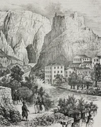 Vue de Fontaine-de-Vaucluse, France, lithographie de Sardi de Poliorama Pittoresco, n 51, 30 juillet