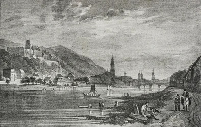Vue de Heidelberg, Allemagne, lithographie de Salvatore Puglia de Poliorama Pittoresco, n 28, 19 février