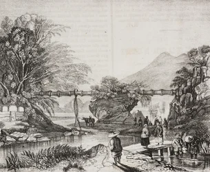 Vue de la vallée de Hong Kong, Chine, lithographie de Salvatore Puglia de Poliorama Pittoresco, n 14, 9 novembre