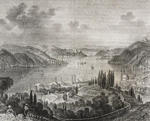 Vue du détroit des Dardanelles, lithographie de Salvatore Puglia de Poliorama Pittoresco, n 20, 23 décembre