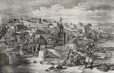 Vue de la citadelle de Tanger, Maroc, lithographie de Salvatore Puglia de Poliorama Pittoresco, n 26, 3 février