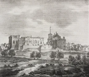 Vue ouest de Mesagne, Apulie, Italie, lithographie de Salvatore Puglia de Poliorama Pittoresco, n 47, 29 juin