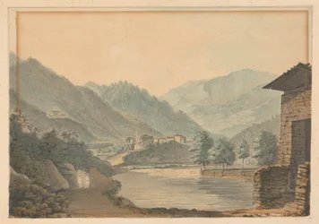 Scène montagneuse avec bâtiments et rivière