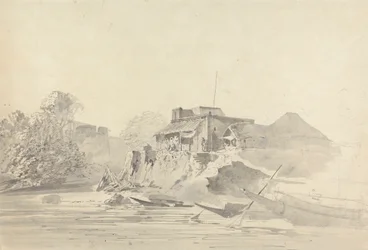 Scène de rivière avec bâtiments indigènes