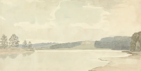 Scène de rivière avec une maison de campagne au loin