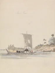 Vue sur la rivière avec une jonque (près de Rajmahal ?)