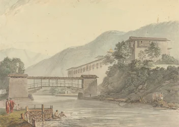 Vue de Tashichoedzong, Bhoutan et pont de pied
