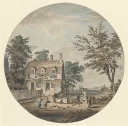 Paysage avec cottage, pont et personnages