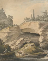 Paysage rocheux avec paysans et bétail