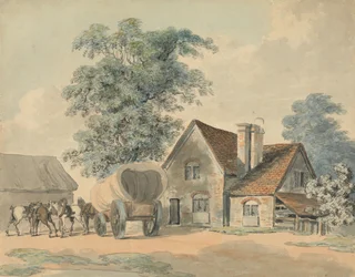 Chevaux et chariot devant un cottage