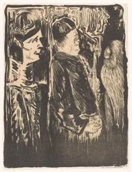 Fantaisie : à gauche deux figures avec des bonnets, à droite une apparition gravée avec plumage