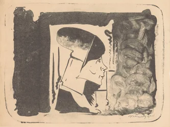 Fantaisie : tête de profil tournée vers la droite dans un rectangle blanc, entourée de noir (en bas à droite, le noir est lavé)