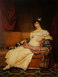 Lady Waterhouse assise sur un canapé avec son épagneul