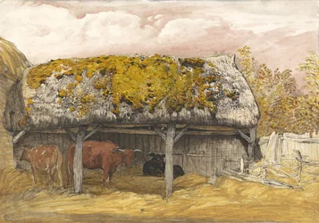 Une étable avec un toit moussu, vers 1829