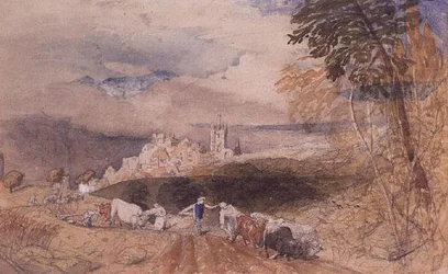 Paysage vallonné avec des fermiers labourant