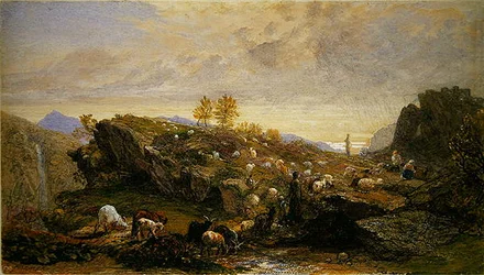 Rustiques avec moutons et chèvres dans un paysage rocheux