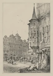 Fac-similés de croquis réalisés en Flandre et en Allemagne : Hôtel de Ville, Prague, 1833